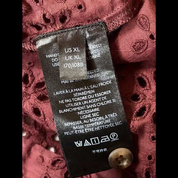 Anthropologie Top XL Womens Burgundy Balloon Sleeve V Neck Eyelet Trim Boho - Picture 7 of 8